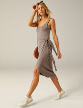 brown wrap tie midi dress